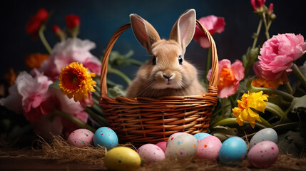 Easter Bunny Nestled in a Garden of Flowers, Sheltering a Trove of Hand-Painted Eggs—A Blissful Springtime Scene