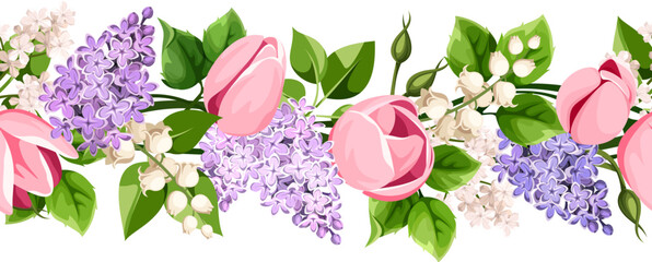 Horizontal seamless border with pink tulip flowers, purple lilac flowers, lily of the valley flowers, and green leaves. Vector floral garland - obrazy, fototapety, plakaty