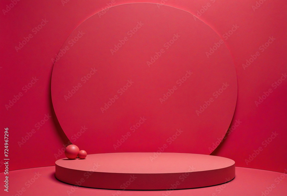 Aufkleber geometric podium on abstract red background for product display. top view mockup in magenta, color o