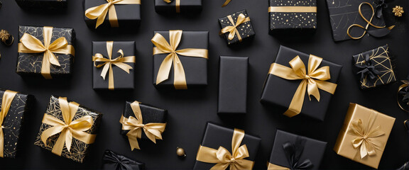 Decorative gift boxes tied with gold ribbon on black backdrop