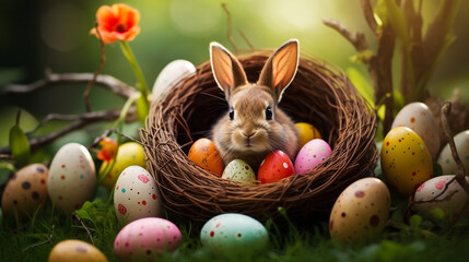 Easter Bunny Nestled in a Garden of Flowers, Sheltering a Trove of Hand-Painted Eggs—A Blissful Springtime Scene