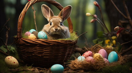 Fototapeta na wymiar Easter Bunny Nestled in a Garden of Flowers, Sheltering a Trove of Hand-Painted Eggs—A Blissful Springtime Scene