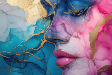 Beautiful abstract background.Women's face. Fluid art. Liquid marble. Contemporary art. Alcohol ink. Generative AI