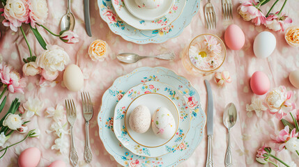 A flat lay of an Easter brunch table setting with decorative plates cutlery and napkins.