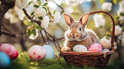 Fototapeta na wymiar Easter Bunny Amidst Vibrant Blooms, Cradling a Collection of Cheerful Eggs—a Perfect Picture of Spring's Delight