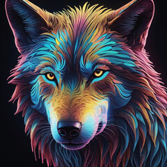 Neon rainbow wolf with psychedelic colors. Unique digital artwork.