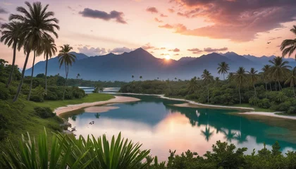 Foto op Canvas Tropical Sunset Scene with Palm Trees, Lake, and Majestic Mountains © SR07XC3