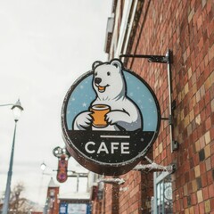 a modern cafe logo of a polar bear cub holding coffee, located on a sign outside a brick building on a sunny, snowy morning