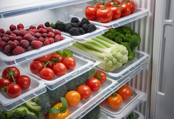 Chilled fruits and veggies in containers on freezer shelves