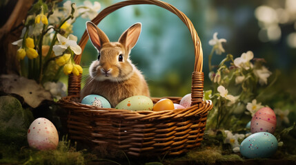 Easter Bunny Amidst Vibrant Blooms, Cradling a Collection of Cheerful Eggs—a Perfect Picture of Spring's Delight