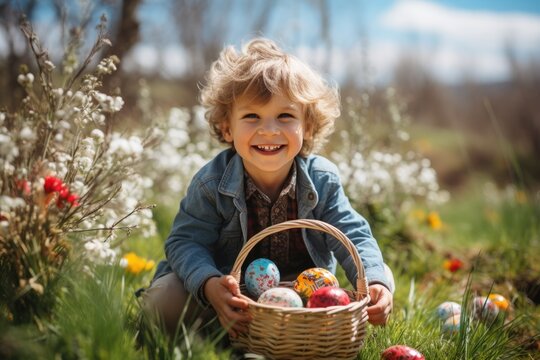 kid holding eggs in basket. ai generated