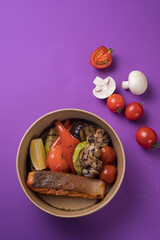 Delivery of salmon and fish dishes. Close-ups