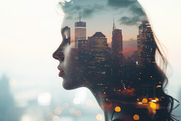 Double exposure portrait of woman with night city skyline, People in world concept - obrazy, fototapety, plakaty