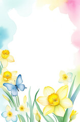 Watercolor daffodils copy space frame on white transparent background, Botanical herbal illustration for wedding or greeting card, Wallpaper, wrapping paper design, textile, scrapbooking