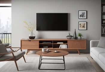 Modern 3D-rendered living room with sofa, coffee table, and TV stand