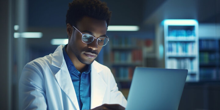 Medicine Doctor Working With Laptop, Medical Data On Screen. Medical Technology, Electronic Health Record System.