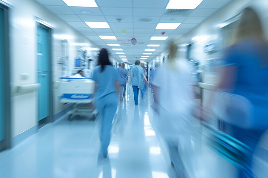 Doctors and medical staff walk down in hospital, Busy corridor in medical clinic with motion blur effect - Powered by Adobe