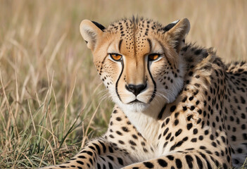 Close-up of a cheetah staring into the camera in its natural habitat