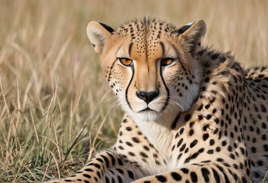 Close-up of cheetah, Acinonyx jubatus, lying down staring into camera. Wildlife animal oudoors on its natural habitat. Ai generative