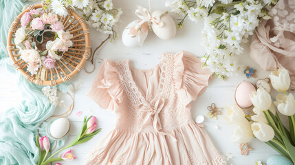 A flat lay of a spring Easter outfit including a pastel dress accessories and a floral headband.