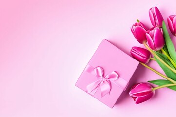 Bouquet of tulips. Pink tulips with gift box on pink background copy space. Top view