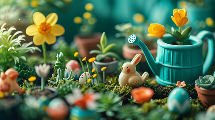 Obraz na płótnie Canvas A flat lay of a spring garden scene with miniature Easter figurines tiny plants and a small watering can.