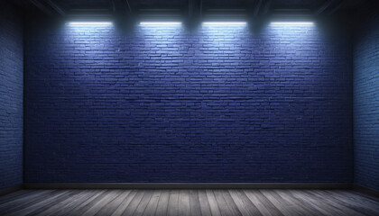 Blue brick wall with bright lights, neon tubes, and lasers; ideal for product display and presentation.