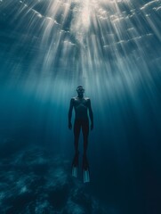Free diver underwater in transparent blue ocean - obrazy, fototapety, plakaty