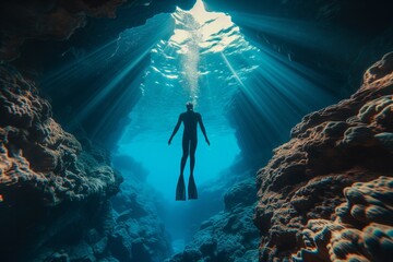 Freediver underwater in transparent blue ocean swims in cave