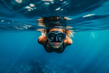 Freediver swims in tropical blue sea. Woman free diving in ocean