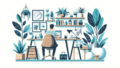 a serene home office setup with a person seated at a desk, related to home office design, the benefits of plants in the workspace, or remote working lifestyle advice