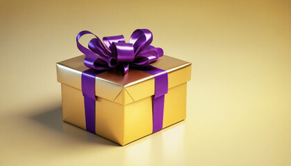 Obraz premium Luxurious gold present wrapped with royal purple ribbon on soft focus golden backdrop