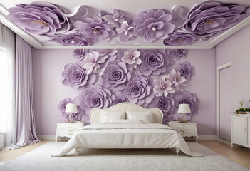 Luxurious 3D Printed Interior Wallpaper Featuring Elegant Violet Flowers, Swans, Silk, and a Beautiful Background