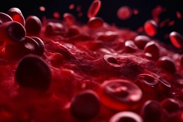 Red blood cells circulating in the blood vessels. Closeup of erythrocytes in a macro. Red blood cells in the body