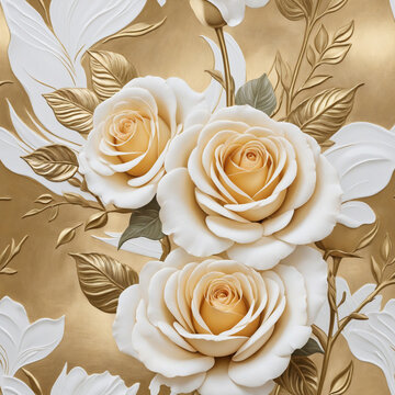 Abstract floral oil painting. Gold and white rose