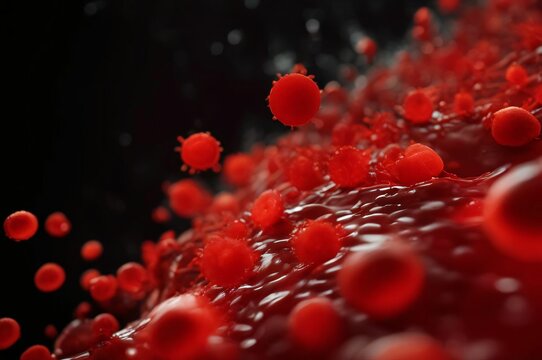 Red blood cells circulating in the blood vessels. Closeup of erythrocytes in a macro. Red blood cells in the body