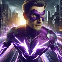 Realistic superhero speedster in the purple costume in action