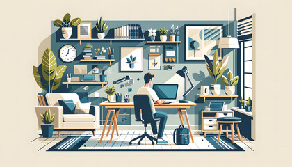 an illustration of a person sitting at a desk in a well-organized and stylish home office,  for articles about remote work, home office design inspiration