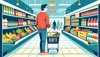 an illustration set in a supermarket. It depicts a man from behind, pushing a shopping cart and browsing the produce section,  for retail marketing materials, lifestyle articles - obrazy, fototapety, plakaty