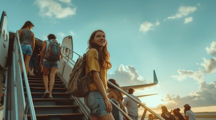 A young woman climbs the ladder of an airplane, a passenger, civil aviation, airplane flight, tourism and travel