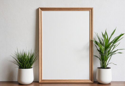 White Wall with Empty Wooden Frame and Potted Plant on Floor