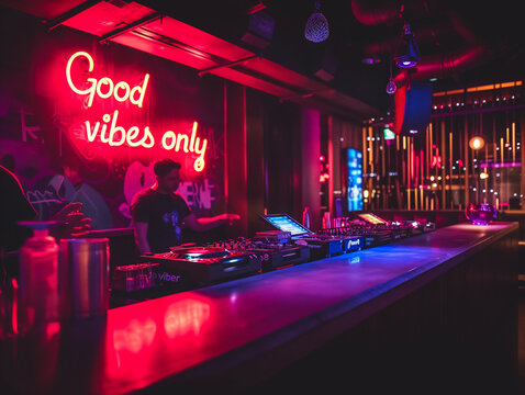 Good vibes only concept image with glowing written words good vibes only in a nightclub with a DJ to show a positive ambiance and attitude.