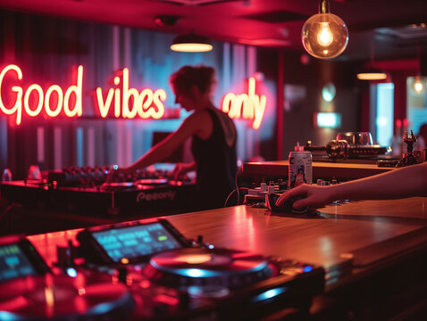 Good vibes only concept image with glowing written words good vibes only in a nightclub with a DJ to show a positive ambiance and attitude.