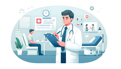 an illustration of a medical clinic environment in a modern, clean, and simplistic art style, for healthcare websites, medical brochures, informational materials.