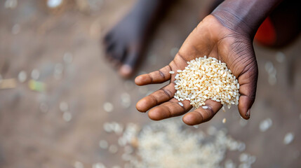 A childs hand reaching for a small portion of rice a representation of the daily struggle for food in impoverished regions. - obrazy, fototapety, plakaty