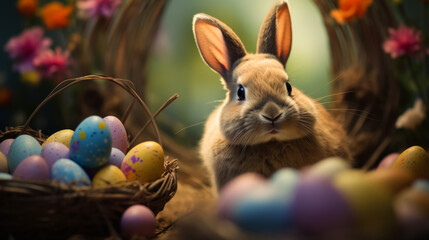 Easter Bunny Nestled in a Floral Haven, Surrounded by a Spectrum of Hand-Painted Eggs—a Picture of Spring's Joy