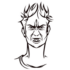 Angry character with madness demonic face. Portrait of red male demon and monster and angry dangerous person with terrible vector expression