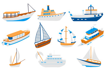 Set of Ships and Boats Different Types Isolated on White Background. Yacht, Wooden and Motor Boat, Longboat Vessels