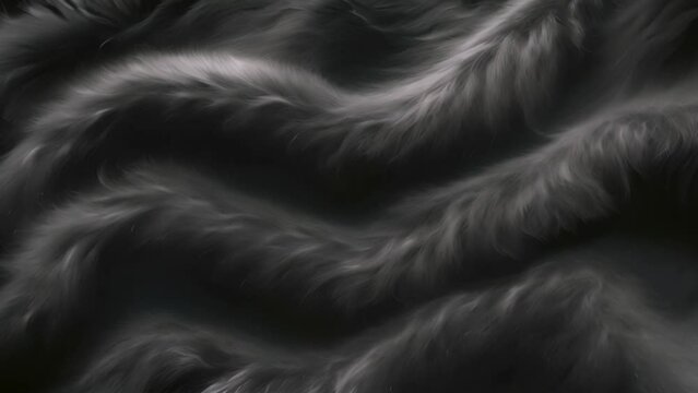 Black fur background texture moving 4k. Smooth soft black color furry, fluffy and hairy artificial sheep skin plush fur wool rug texture cloth knitted coarse background moving
