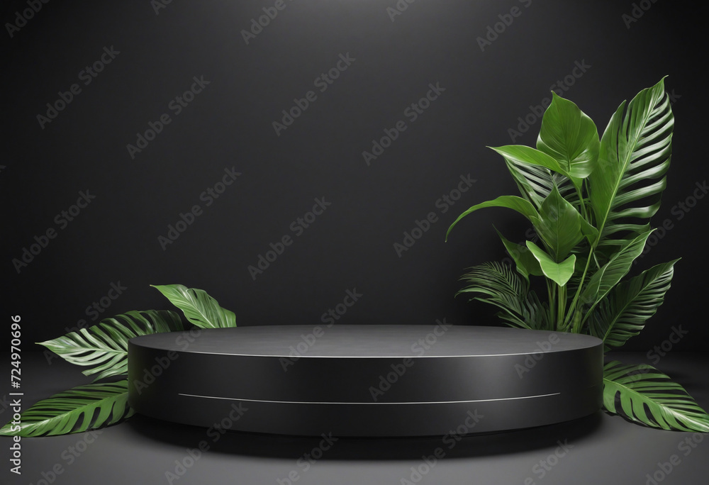 Poster minimalistic black platform for product display with green leaf on dark background.